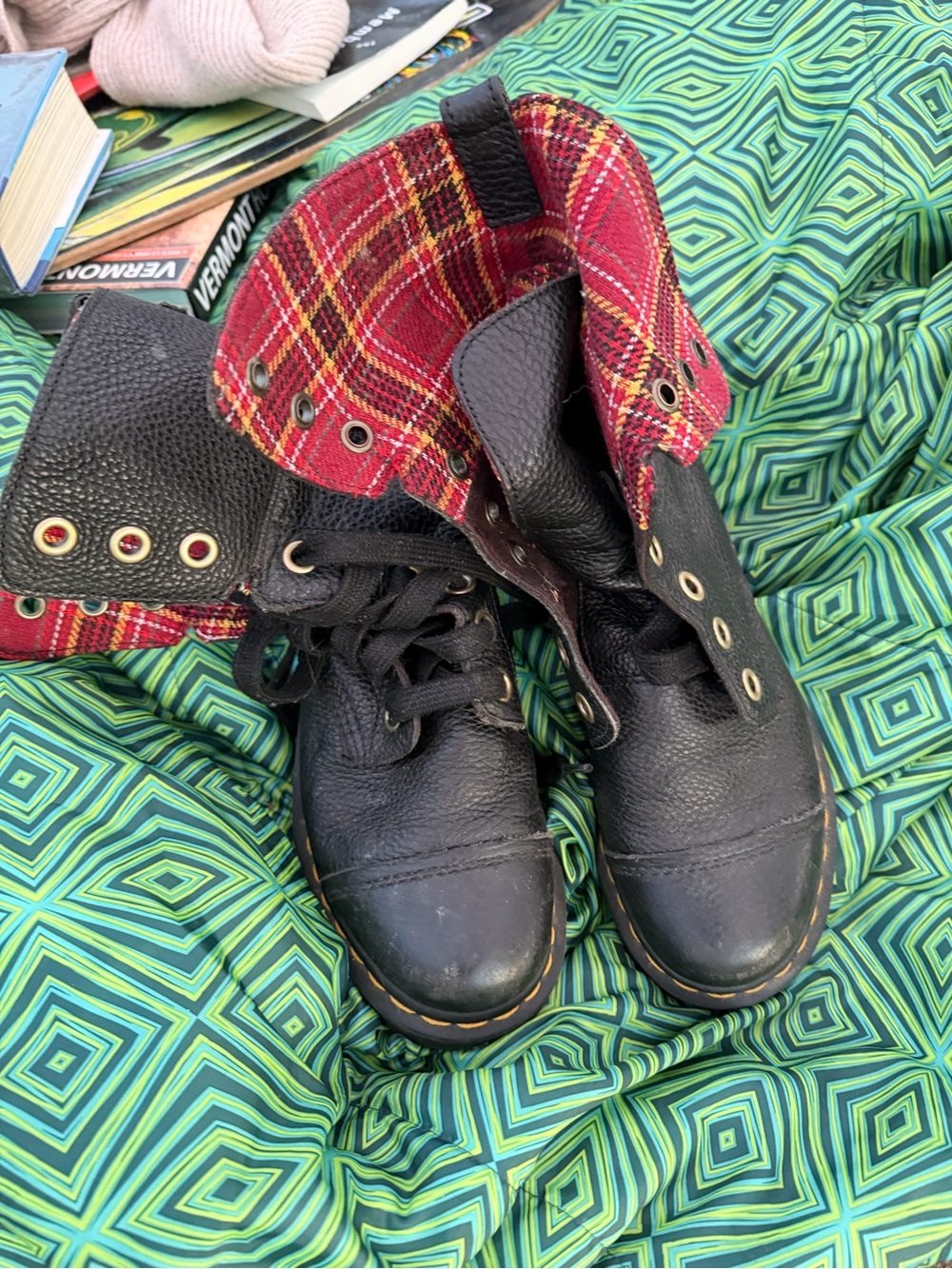 Dr. Martens Black Leather Combat Boots with Red Plaid Lining
